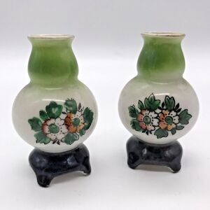 Pair Vintage Vase H KATO Miniature Footed Green Floral Occupied Japan Signed